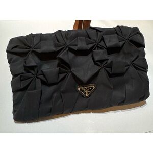 Prada Black Rosette Satin Evening Clutch Bag Triangle Logo Made in Italy